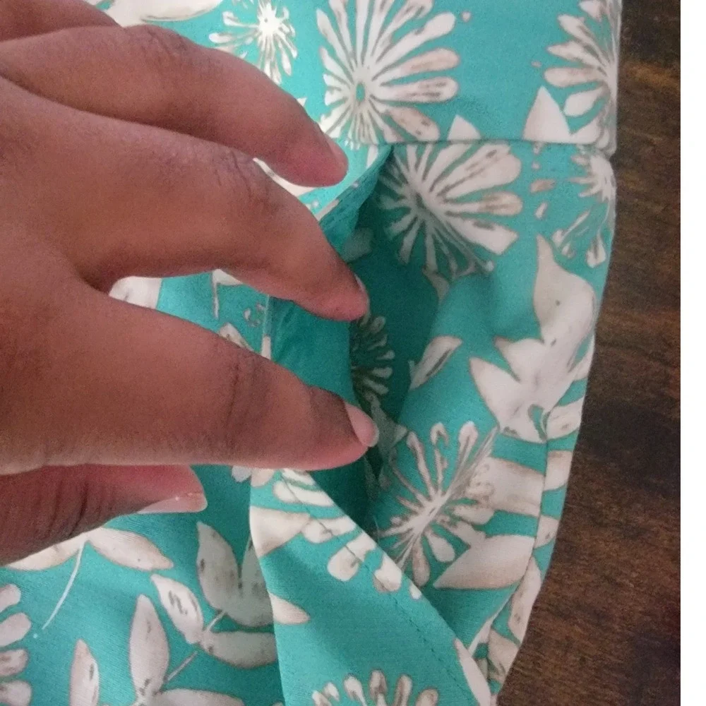 Rafaella Women Teal White Floral Cotton Blend Lined Pencil Skirt Size 14 Pockets